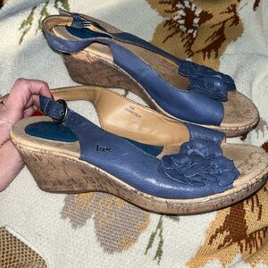 boc Navy Leather Wedges with Floral Detail